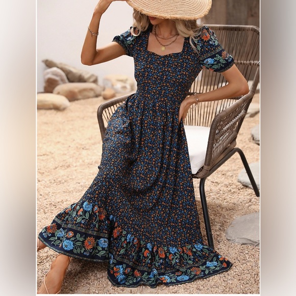 Blue Boho Ditsy Floral Print Sweetheart Neck Ruffle Hem Dress - Picture 2 of 10